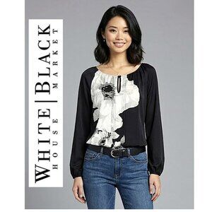 WHITE HOUSE BLACK MARKET - Black long balloon sleeve blouse with floral design